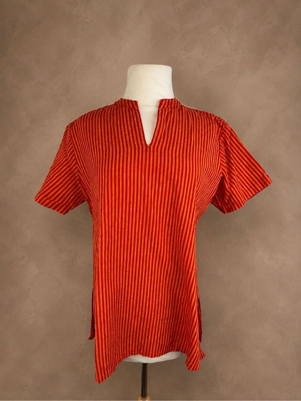 Fabindia L Red Orange Striped Kurta Tunic Retro Boho Split Neck